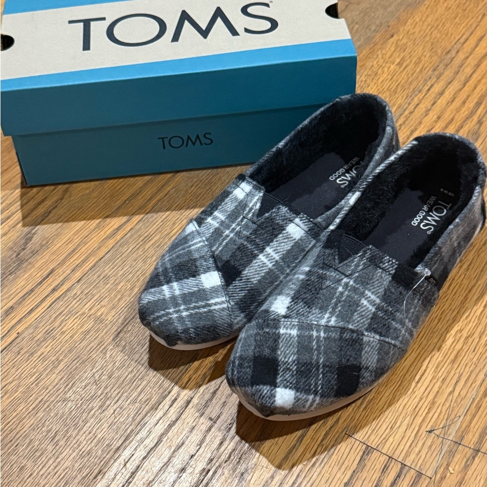 TOMS Black and Gray Plaid Slip-Ons